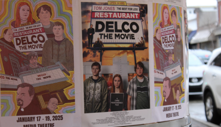 Local advertising: Posters for “Delco: The Movie” hang around the entrance of The Media Theatre in Delaware County. The movie premiered from Jan. 17 to Jan. 19 to sold-out shows.